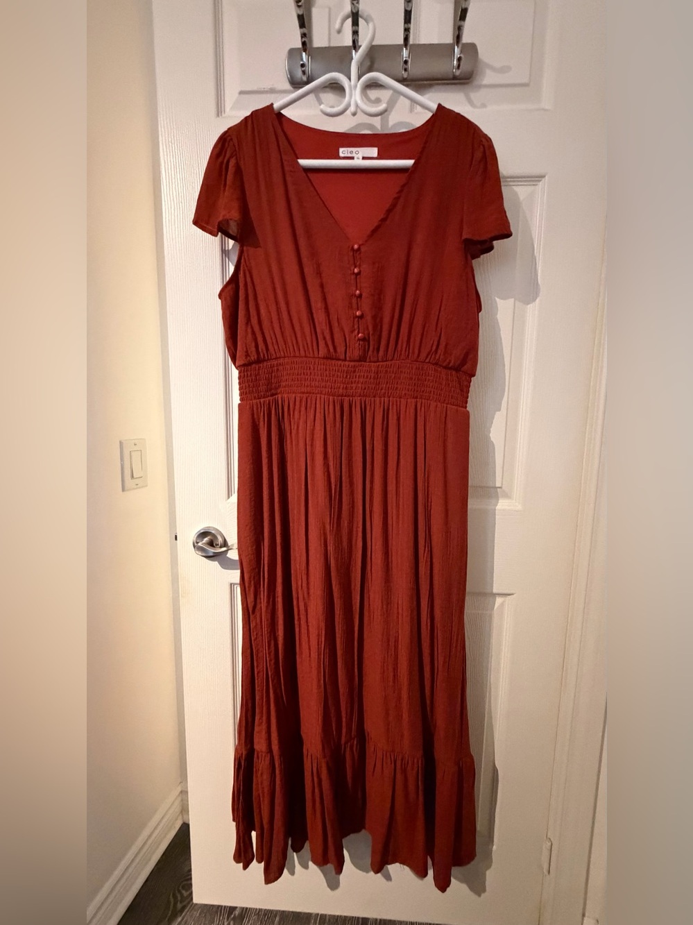 Cleo Rust Smocked-Waist Button-Front Maxi Dress – Size XL